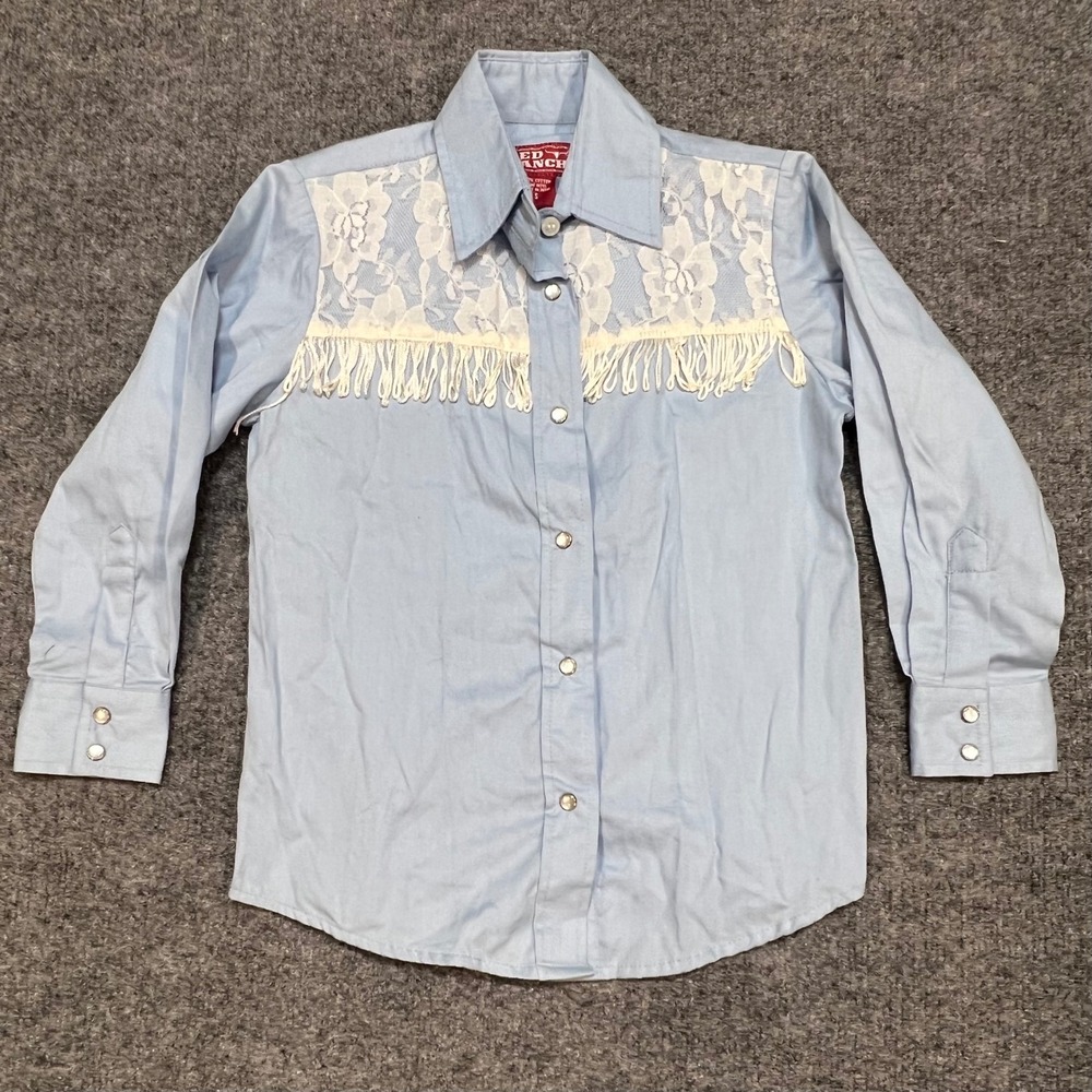 Red Ranch Western Shirt Kids Youth Small Blue Lace Fringe Pearl Snap Long Sleeve